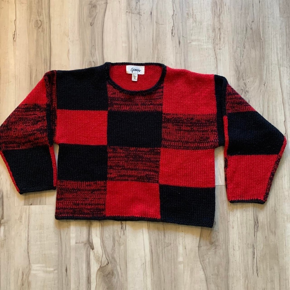 Genesis Vintage 1980s Red Black Square Block Pattern Knit Sweater Large